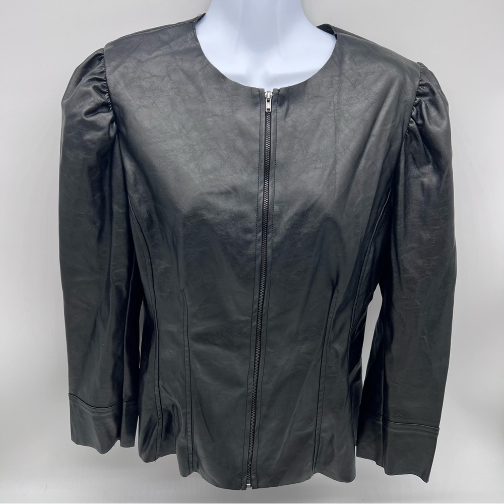 DO+BE Black Vegan Leather Zippered Front Jacket with Puff Sleeves-Size M